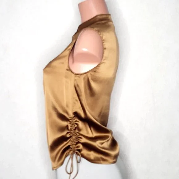 Cynthia Steffe Silk Blend Hook Front Top Brown Copper Sleeveless Tie Sides - Picture 3 of 8